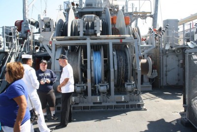 This is a photo of the winch drums back aft and also the rest of my party on the Champion. The gentleman in the white shirt and navy ball cap is Mr. Lyle Umenhoffer. Lyle is one of the survivors from the sinking of the USS Indianapolis CA-35. I had a great day with him and his grandson.