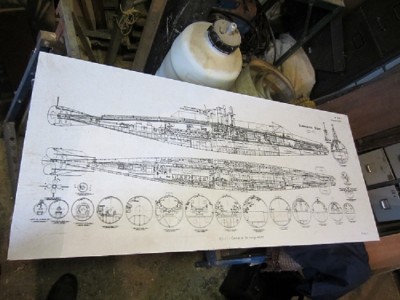 The enlarged plans were pasted onto a board. This kept them nice and flat as they migrated between the house and the workshop.