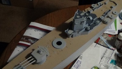 Overall view of progress, with superstructure dry-fitted. Tamiya Wood Deck from rattle-can was super-effective!