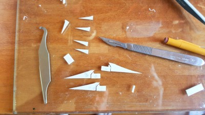 Rudder and prop supports. I made the initial ones from the wooden laser cut patterns, but each one had to be shaped specifically for their attachment point.