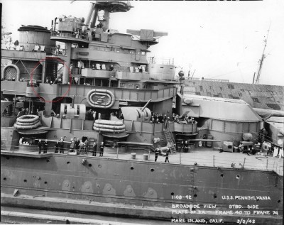 Although not identical, here's the Pennsylvania in early '42 before her major refit. It shows the bar tie-down.