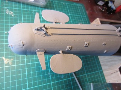 The bow diving planes have been fitted and the holes drilled to take the guard frames for these planes.