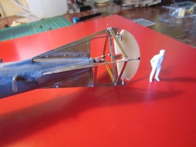 The installed rudder and assembled stern frame. The rudder connecting rod has been fitted to the control horn.