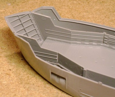 The bow has to be cut down for the focsle 40mm gun installation.  Here is a view of the kit's bow before cutting.