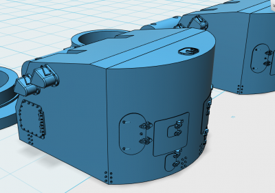 Notice the accurate access hatch, hinge and bolt details, all properly sized and positioned according to measurements of an actual mount posted earlier in this thread.  Also notice rangefinder and viewfinder shutter door actuating arms on the top of the armored rangefinder hoods.