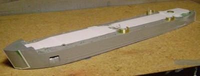 Another view.  You'll also notice the raised deck for the fantail-mounted 5 inch 38.  This was 12 inches higher than the surrounding main deck.  I built a frame of .060 x .100 inch styrene and topped it with .010 inch styrene sheet and then positioned to the correct height. The base ring for the mount was made of styrene bits added to a section of round styrene cut from a spare fuel tank from a 1/32nd Revell Ki-43 Oscar!