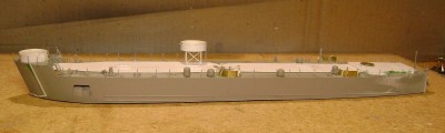 Port side view.  The gun tub forward of the conn is on its frame support, which was constructed of 3/64ths inch styrene angle and .010 x .030 inch styrene strip cross-braces.  Lifeline stanchions have also been installed around the deck.