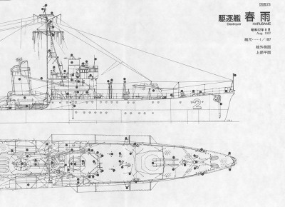 Harusame forecastle plan, 1937, Nihon no Gunkan.jpg