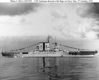 This is Saratoga in 1932.  Note the two prominent searchlight platforms high up on the funnel (also carried by Lexington in the early 1930s but later removed from Lex) and the absence of the AA platform carried by Lexington.