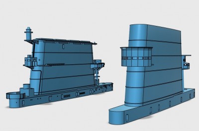 Forward ends.  USS Lexington funnel as it appeared in the early 1930s is on the right (design at 50% complete).  Saratoga's 1944-1945 funnel is on the left (design at 100% complete).