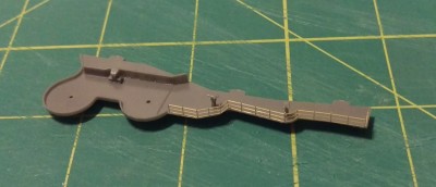 This is the gun gallery that would be just below the flight deck and just forward the funnels.  I am very pleased with how the railing turned out on this.  Suggestion: This is one continuous piece of railing from the set.  Do the curved segment first.  The rest have predetermined bend points that make it really easy.